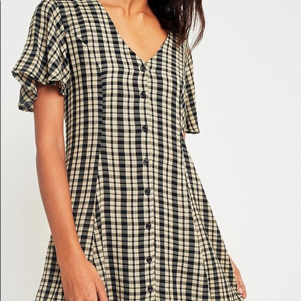 black/yellow plaid back lace-up v-neck dress